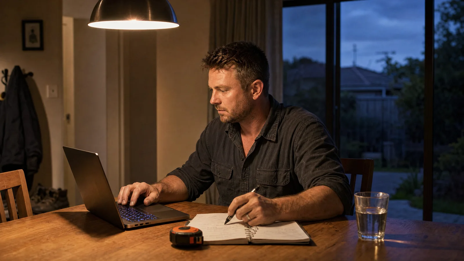 A trade owner working on quotes at home after hours.